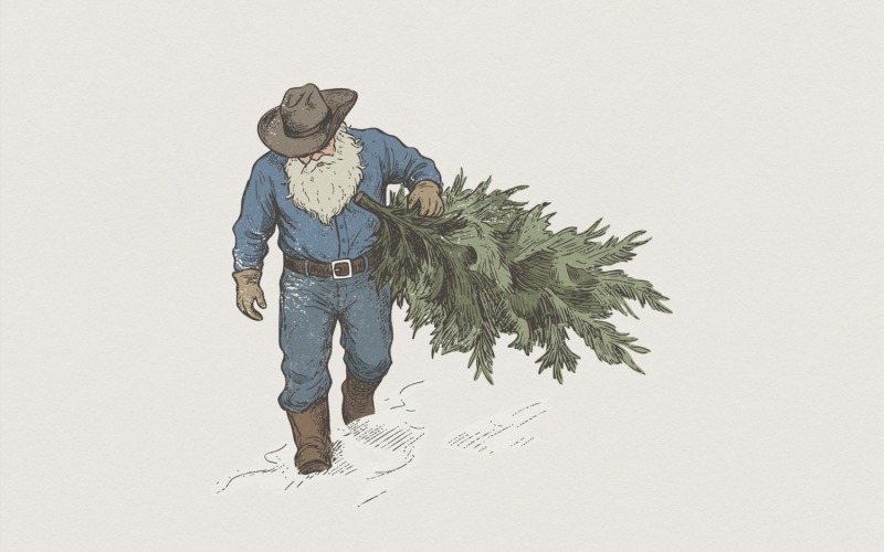 Vintage Christmas Tree Farm PNG, Rustic Winter Lumberjack Art, Bearded Man with Tree, Holiday Shirt Illustration