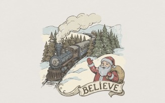 Believe Christmas Santa Train PNG, Vintage Winter Holiday Art, Santa Claus Digital Design, Festive
