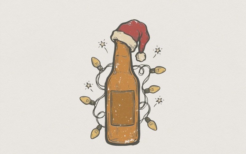Christmas Beer Bottle PNG, Holiday Lights Digital Download, Funny Santa Hat Design, Festive Drink Illustration