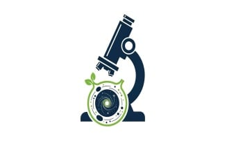 Dark blue microscope observing a green flask with a swirling galaxy, isolated on white background