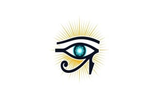 Eye of Horus logo symbol with glowing atomic pupil and golden sun, isolated on white background