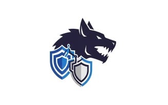Fierce dark navy wolf head logo design with interlocking blue and, isolated on white background