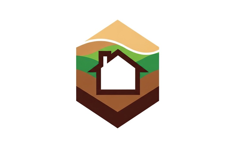 Flat vector house logo in hexagonal emblem, green hills, brown, isolated on white background Logo Template