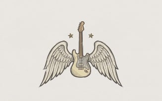 Guitar With Wings PNG, Angelic Music Clipart, Vintage Rock Art Print, Star Guitar Illustration,
