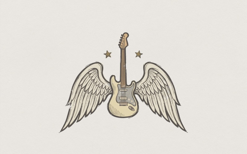 Guitar With Wings PNG, Angelic Music Clipart, Vintage Rock Art Print, Star Guitar Illustration,