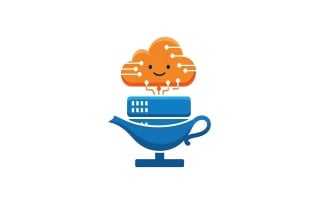 Happy orange cloud, circuit lines, blue server, magic lamp, modern, isolated on white background