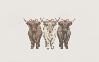 Highland Cow PNG Trio With Bows, Cute Farm Animal Design, Rustic Printable Shirt, Cow Art Download,
