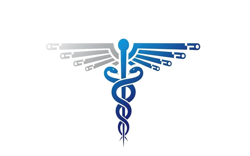 Modern digital Caduceus, blue snakes, tech wings, silver gradient,, isolated on white background Logo Template