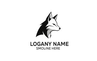 Modern stylized black and white fox head looking right, a minimalist, isolated on white background