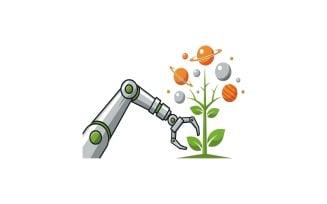 Robotic arm with green accents tending a stylized plant growing, isolated on white background