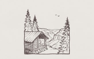 Rustic Cabin PNG, Mountain Landscape Art Print, Nature Forest Design Illustration, Lodge Decor,
