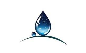 Shiny blue water drop and small sphere with stars on curved green, isolated on white background