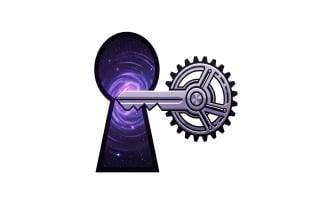 Steampunk metallic key with gear mechanism unlocking a swirling, isolated on white background