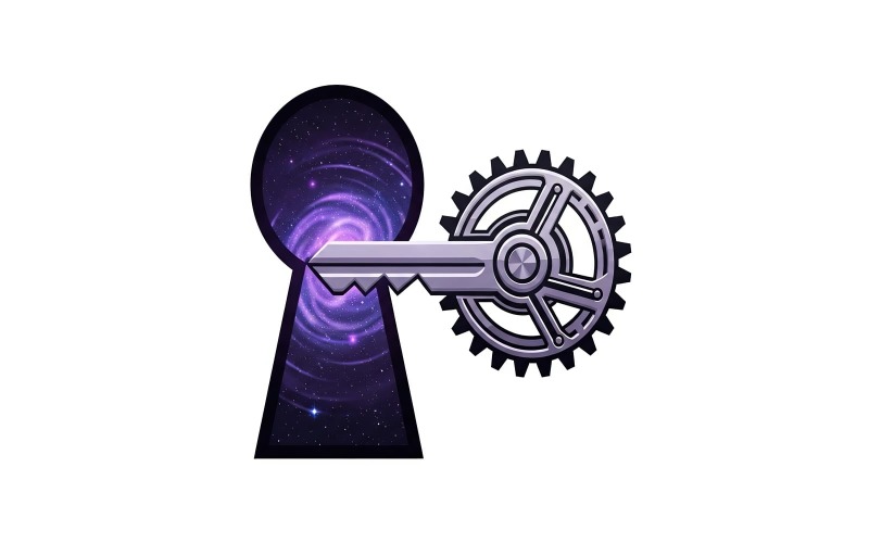 Steampunk metallic key with gear mechanism unlocking a swirling, isolated on white background Logo Template