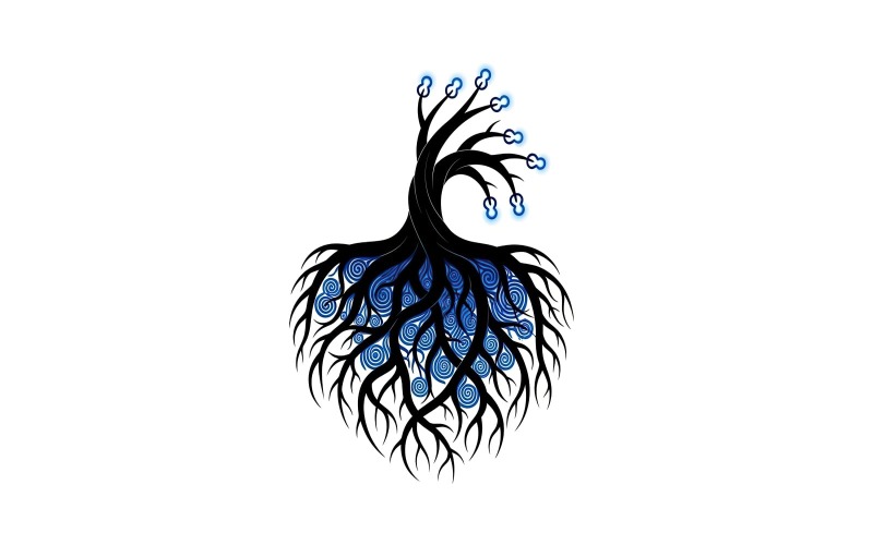 Stylized black tree of life with glowing blue energy spirals in deep, isolated on white background Logo Template
