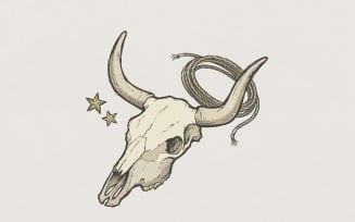 Western Longhorn Skull PNG, Cowboy Lasso Clipart, Country Cattle Skull Art, Rustic PNG Digital