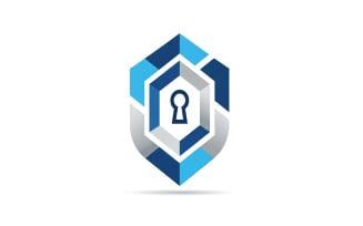 Abstract blue and gray hexagonal shield emblem with central keyhole, isolated on white background