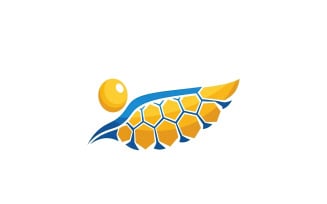 Abstract blue and yellow wing logo design featuring a honeycomb, isolated on white background