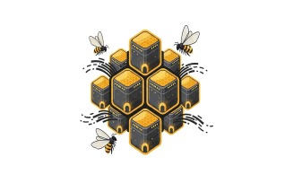 Conceptual logo of a decentralized network of black hexagonal, isolated on white background