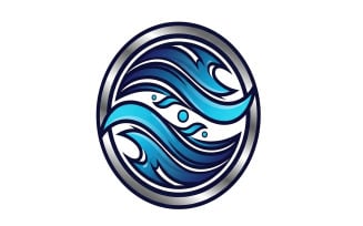 Dynamic stylized blue water wave logo emblem inside a metallic silver, isolated on white background