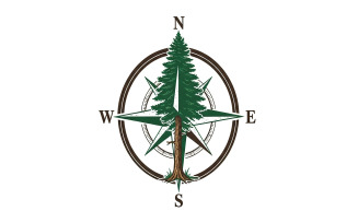 Pine tree integrated into a navigational compass rose design with, isolated on white background