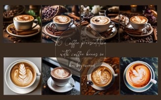 Coffee presentation with coffee beans in background