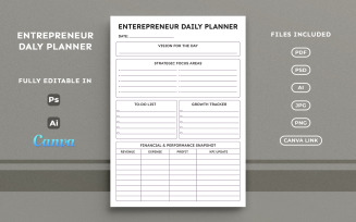 Entrepreneur Daily Planner Template – Business Planner, Minimal A4 Page Design