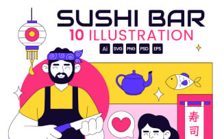 10 Sushi Bar Vector Illustration