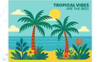 Bright Cartoon Depicting Palm Trees and Colorful Flowers