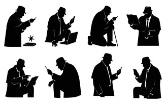 Black silhouette vector set of a detective in a fedora and trench, isolated on white background