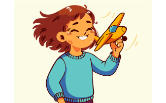 Cartoon Girl Happily Holding Toy Airplane