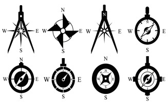 Eight black compass illustrations with various designs, isolated on white background