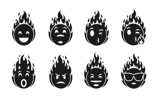 Eight black fire head silhouettes isolated on white background with sharp studio lighting