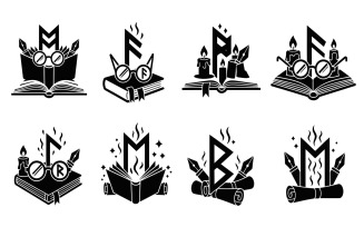Eight black silhouette icons of mystical runes combined with books and writing tools, isolated on
