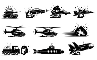 Set of black military and transport vehicle silhouettes with explosions, isolated on white.