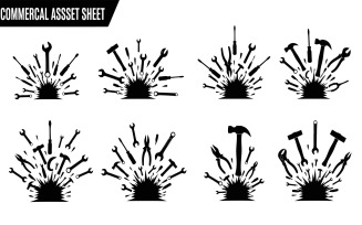Set of eight black tool silhouettes isolated on white background