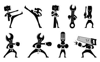 Set of nine martial arts tool silhouettes, isolated on white background