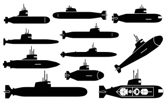 Black silhouette vector illustration set of diverse submarine designs, isolated on white background