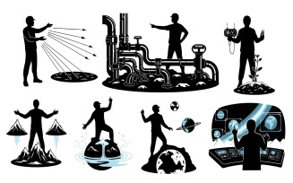 Eight black silhouette figures interacting with futuristic elements, isolated on white background
