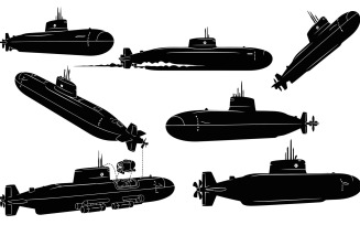 Seven black military submarine silhouettes in various views, isolated on white background