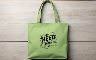 Minimal Green Canvas Tote Bag Mockup on Wooden Background
