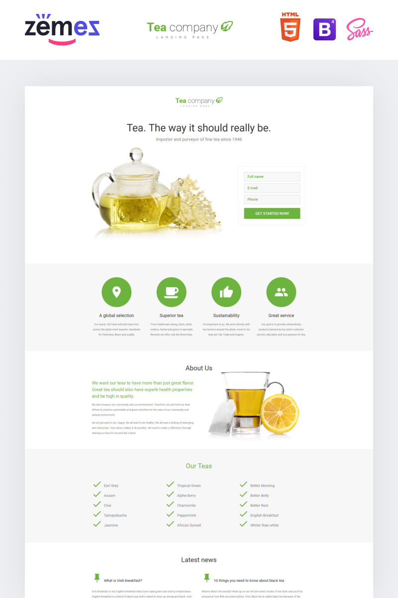 Landing Page Template namens "Tea Company - Drink Store Clean HTML" #58269