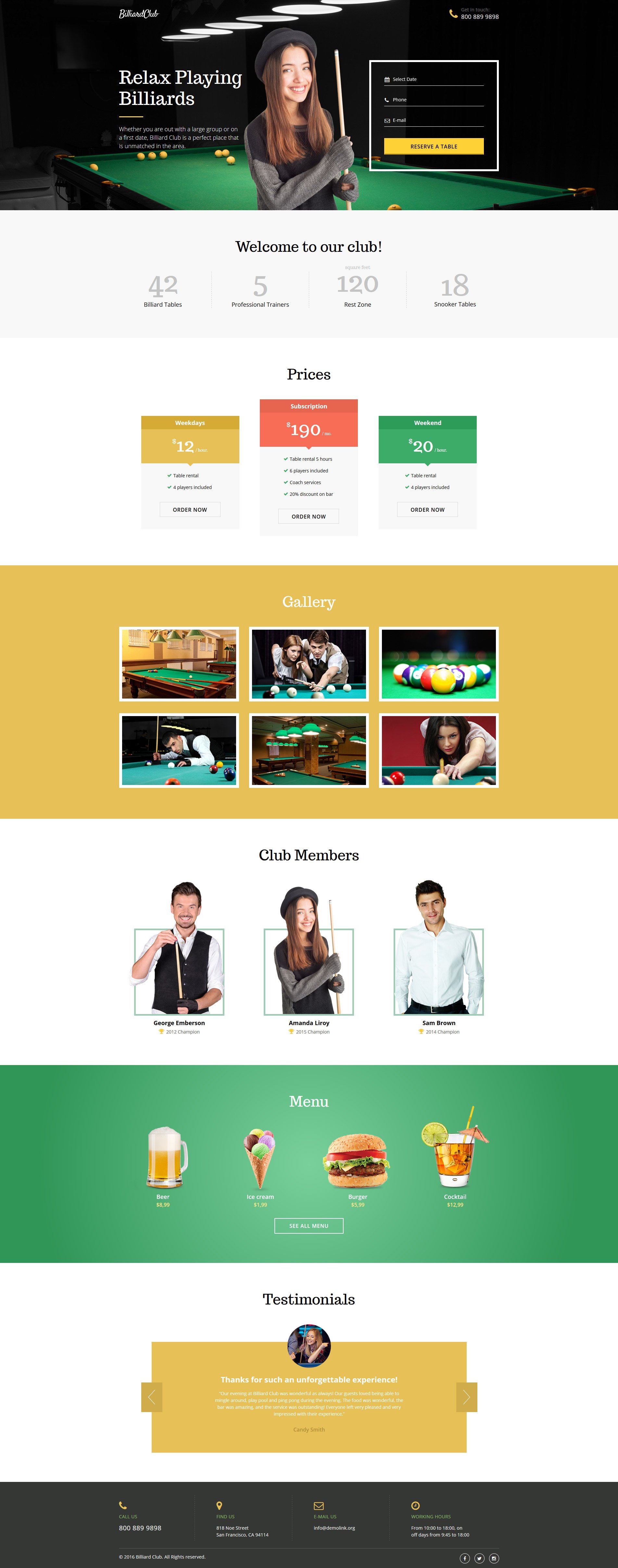 Billiards Responsive Landing Page Template