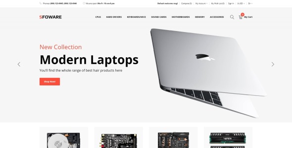 компьютерный магазин многостраничный чистый шаблон opencart