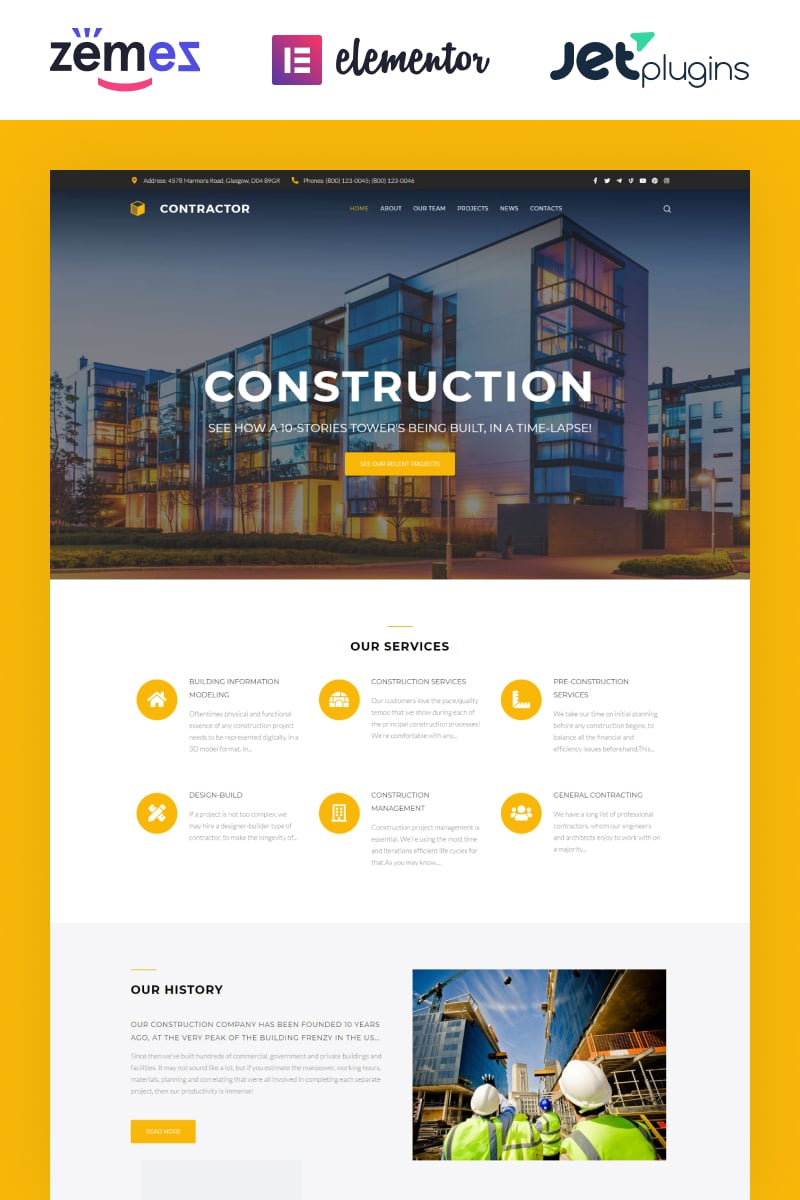 "Contractor - Architecture & Construction Company Elementor" - адаптивний WordPress шаблон №61152