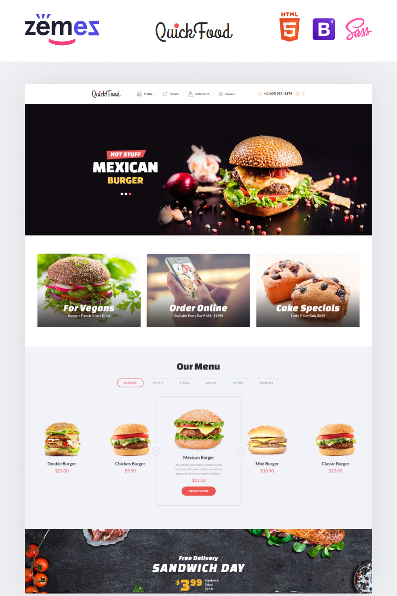 Reszponzív Quick Food - Reszponzív gyorsétterem Weboldal sablon 61177