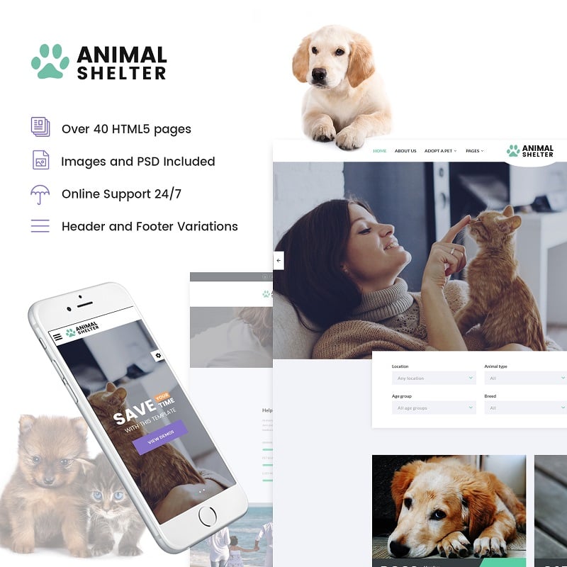 Reszponzív Animal Shelter - Animal Care Responsive Weboldal sablon 61279
