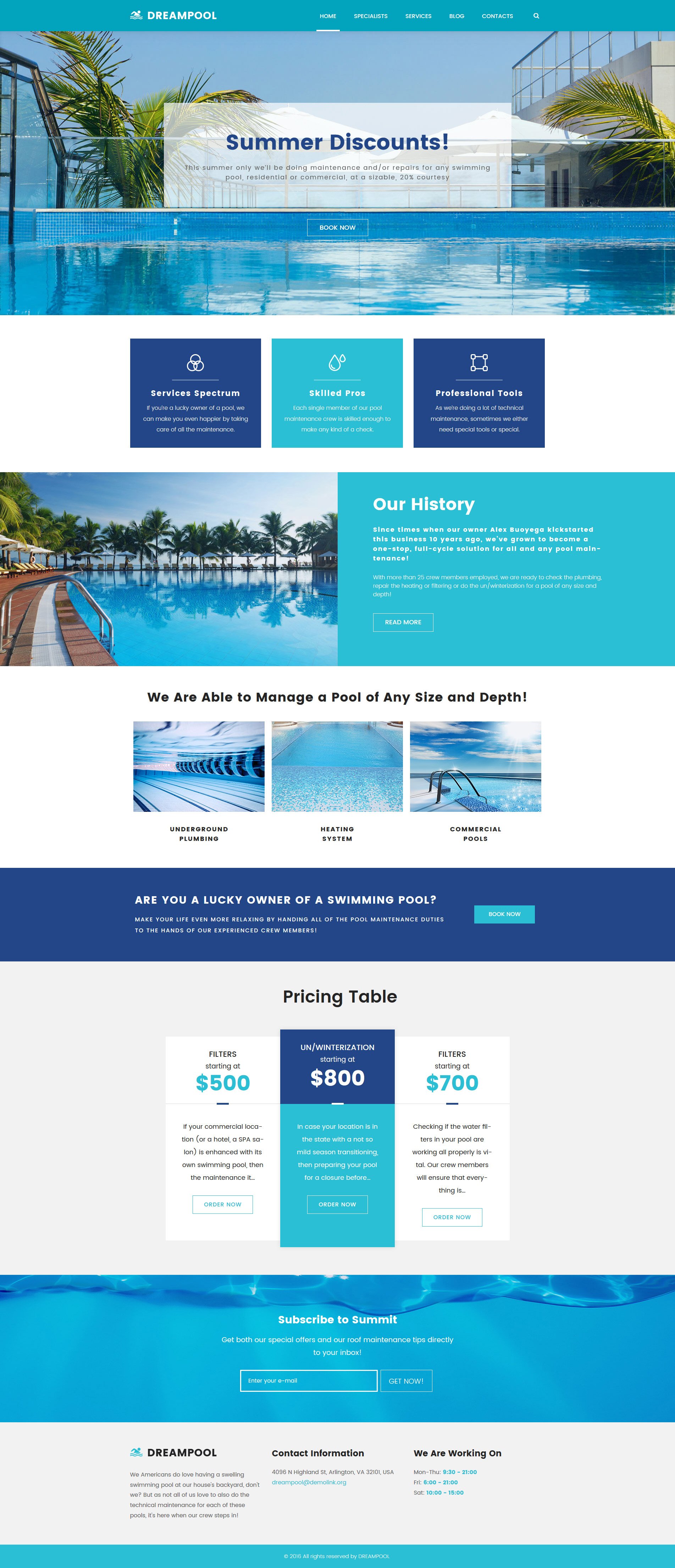 "Dream Pool - Pool Cleaning & Pool Repair" 响应式WordPress模板 #62026