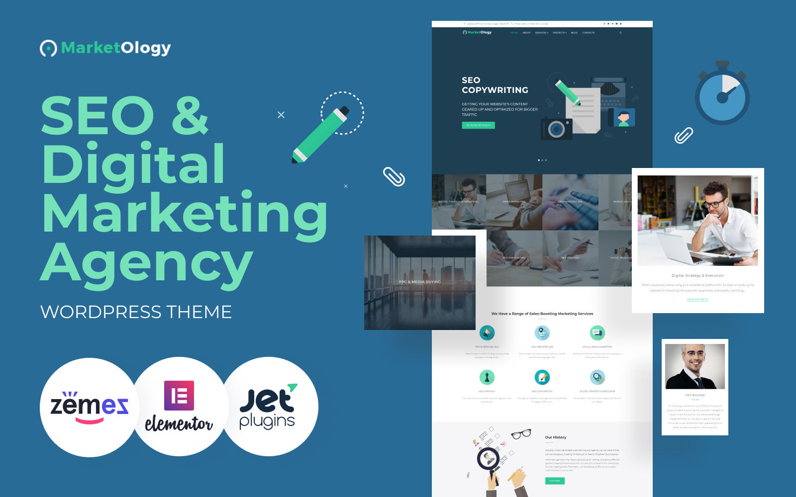 "MarketOlogy - SEO and Marketing Agency Responsive WordPress Theme" Responsive WordPress thema №62344