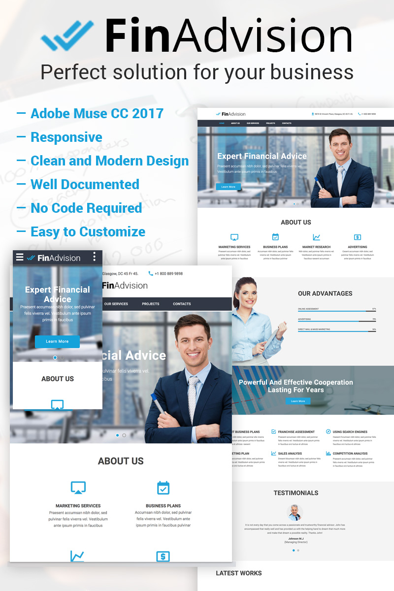 Reszponzív FinAdvision - Financial Advisor Adobe CC 2017 Muse sablon 64371